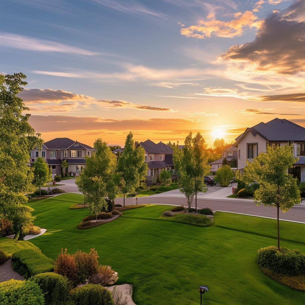 A vibrant modern neighbourhood with upscale homes, lots of trees, manicure lawns, and the sun is setting casting a warm summer light over the area