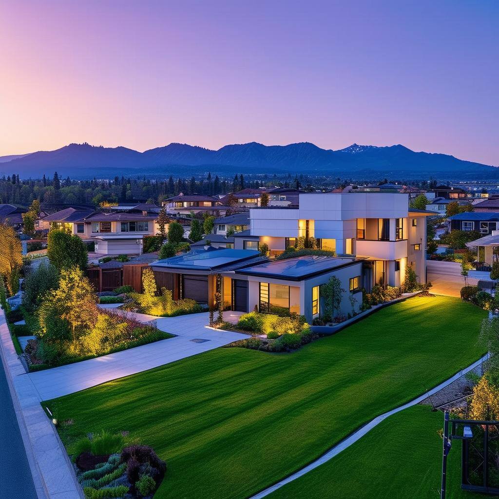 An expansive beautiful neighbourhood with modern homes, manicure lawns, mountain range in the background, warm lighting, mid afternoon