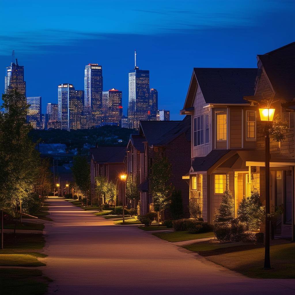 The image depicts a modern suburban neighborhood at dusk, with rows of charming houses illuminated by warm interior lights-2