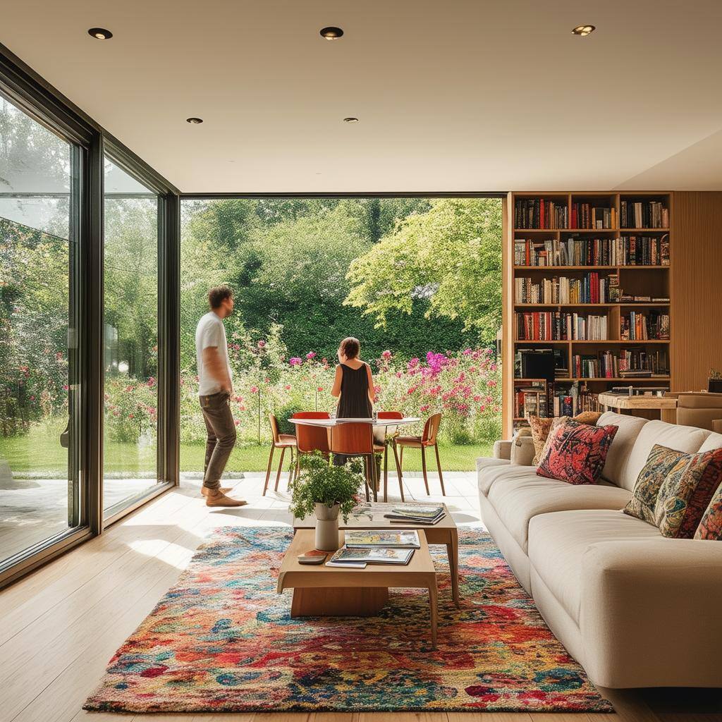 The image depicts a modern, inviting living room filled with natural light streaming through large windows with a couple standing and looking out