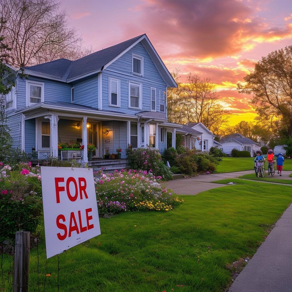 The image depicts a serene suburban neighborhood during early spring, with wellmaintained lawns and blooming flowers