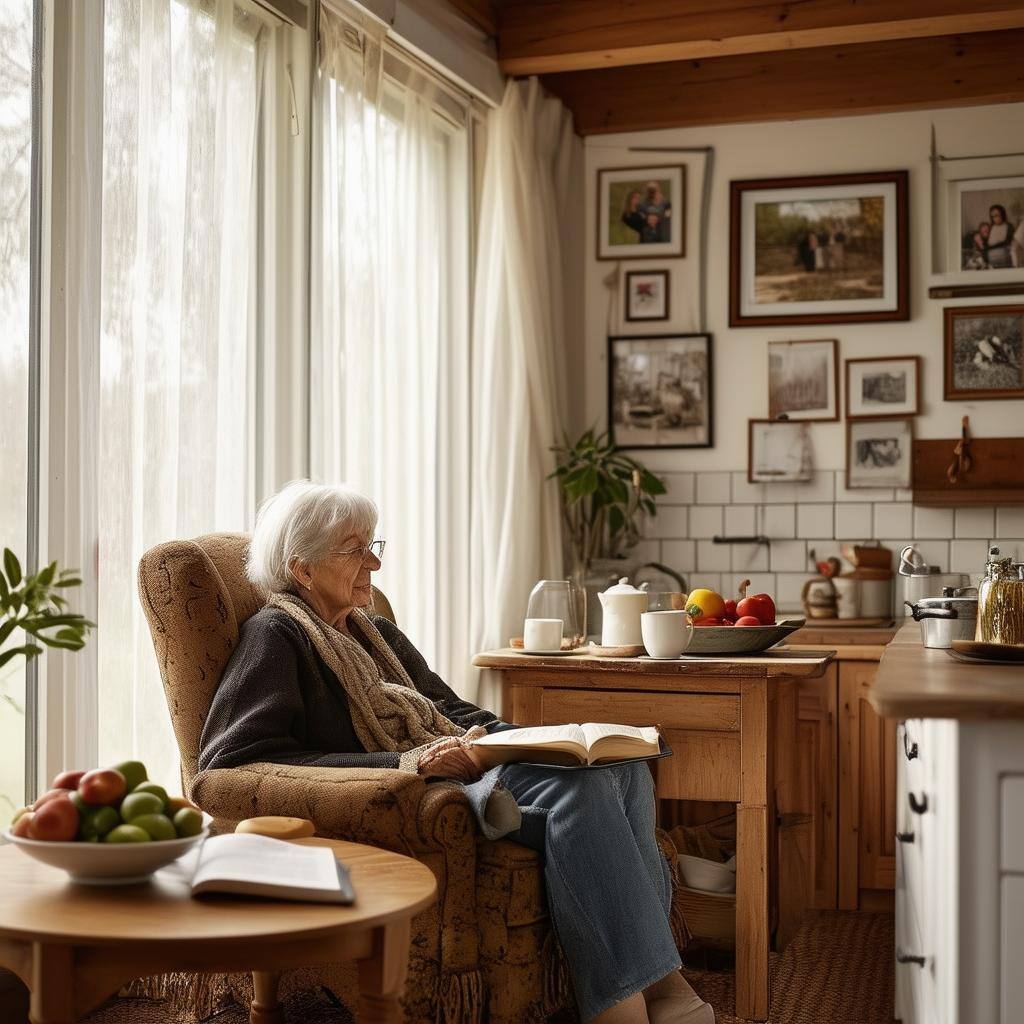 The image features a serene living room, bathed in warm, natural light streaming through large windows adorned with sheer curtains