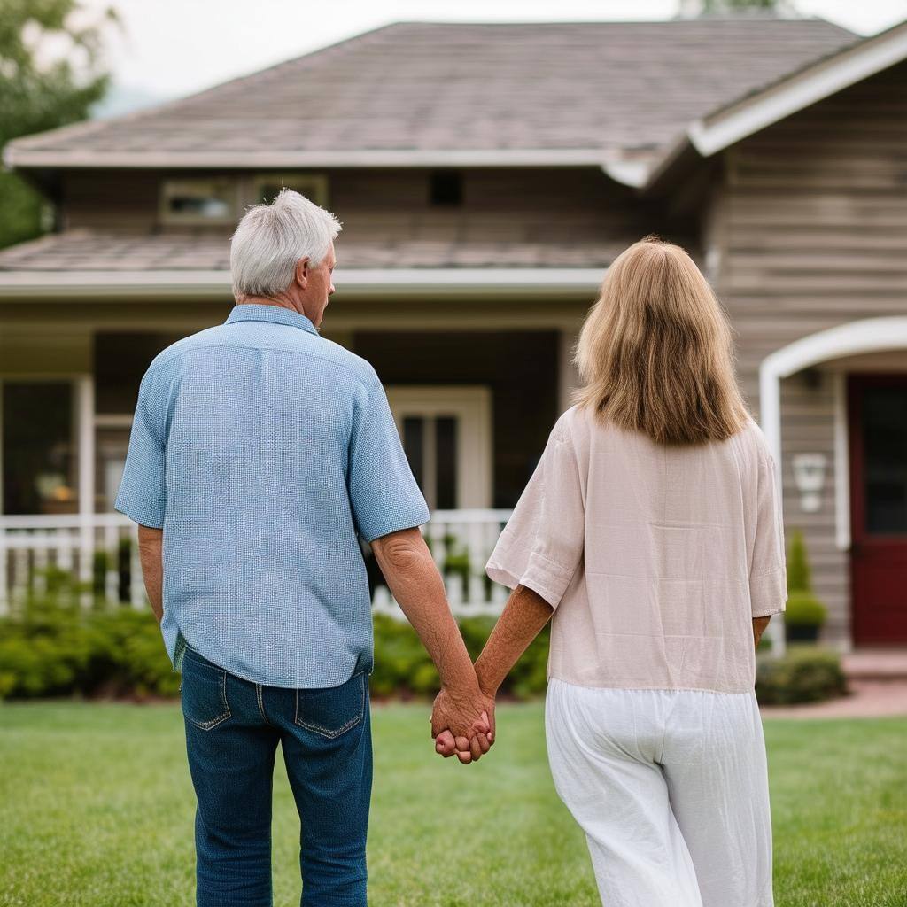 an middle age couple holding hands in front of their home