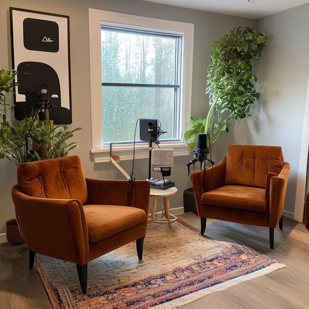 cozy podcast room for two guests